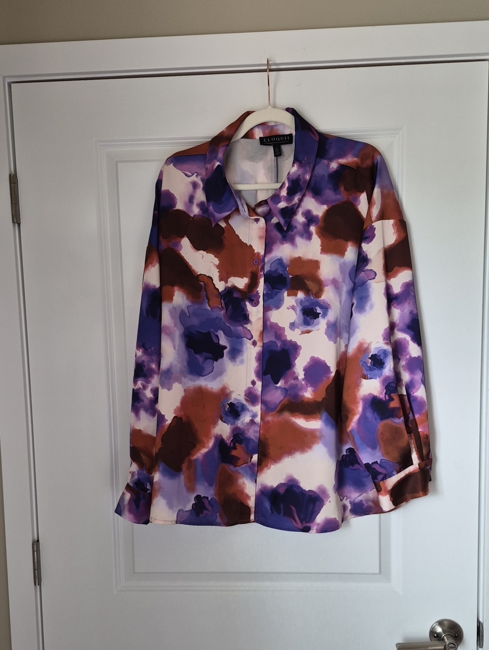 Eloquii Purple and Brown Watercolor-Print Button-Down Shirt